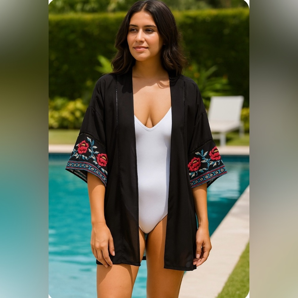 Cacique Swim Cover Up XL 14/16 Black Embroidered Wide Sleeve Boho Kimono NWOT